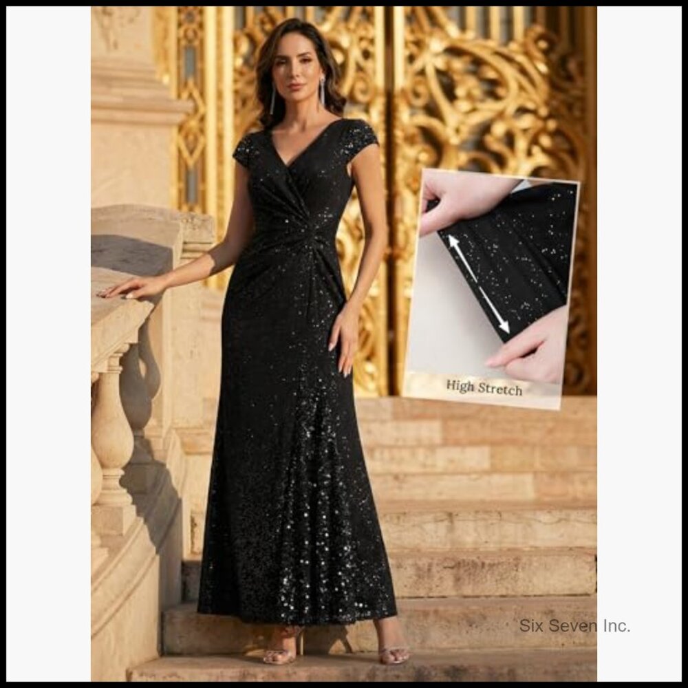 Glitter Formal Evening Gown Sequin Stretchy Bodycon Dress V-Neck - Picture 2 of 7